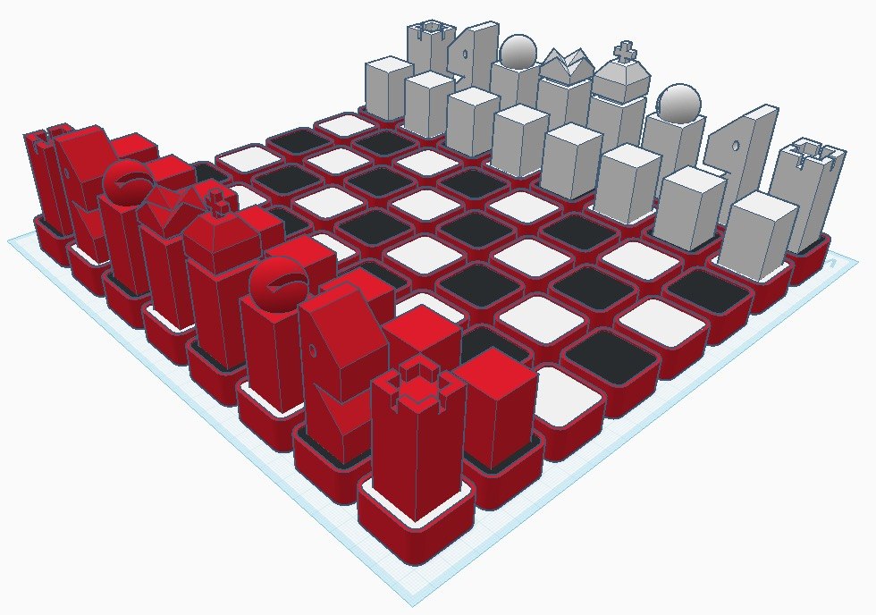 The full set modeled in Tinkercad: red pieces facing grey pieces across the red board with black-and-white inset squares, sitting on the virtual print bed.