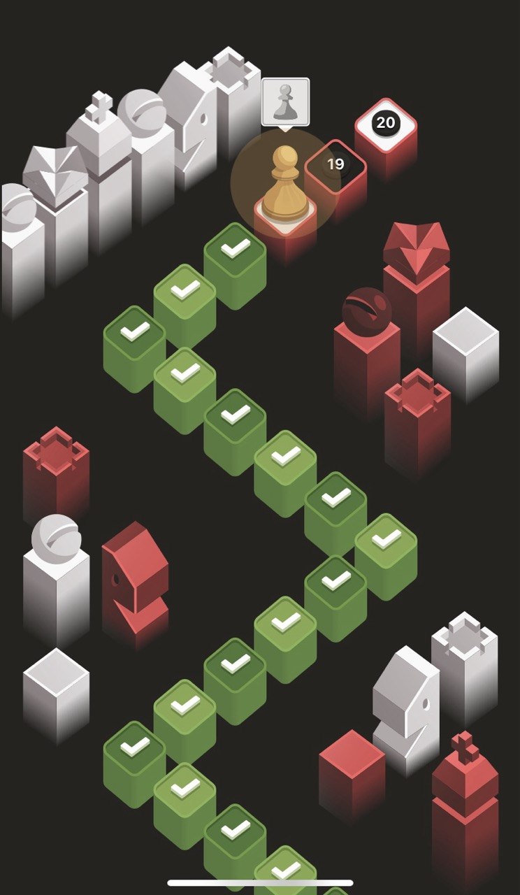 A screenshot of Chess.com's "Elite" puzzle tier: glossy low-poly white and red chess pieces flanking a winding path of green check-marked tiles, with a level counter near 20.